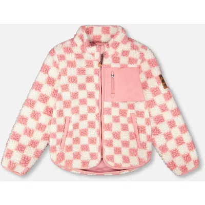 Deux Par Deux Babies'  Girl Long Sleeve Fleece Jacket Checkerboard In Pink