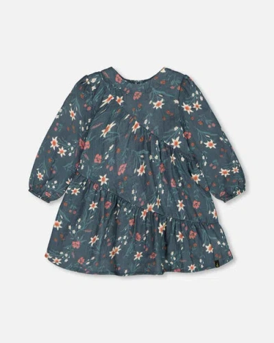 Deux Par Deux Kids'  Girl's Long Sleeve Muslin Dress Teal Printed Flowers In Printed Edelweiss