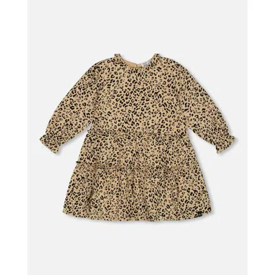 Deux Par Deux Kids'  Girl's Long Sleeve Viscose Dress With Frill Printed Leopard In Animal Print