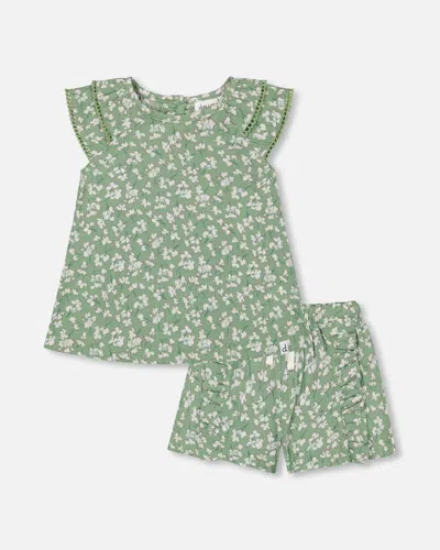 Deux Par Deux Kids'  Girl's Muslin Blouse And Short Set Green Jasmine Flower Print