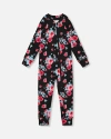 Deux Par Deux Girl's One Piece Thermal Underwear Black Printed Roses In Printed Roses