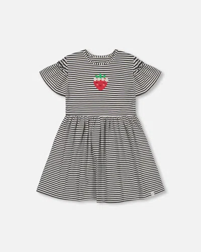 Deux Par Deux Kids'  Girl's Organic Cotton Dress With Flounce Sleeves Stripe Black And White