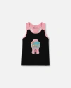 Deux Par Deux Little Girl's Organic Cotton Racerback Tank Top Black And Candy Machine In Black And Candy Machine