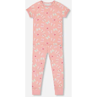 Deux Par Deux Kids'  Girl's Organic Cotton Short Sleeve Top And Pant Pajama Set Pink And Blue Butterflies O In Pink And Blue Old Pink