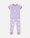 Deux Par Deux Girl's Organic Cotton Short Sleeve Top And Pant Pajama Set White Unicorn On Mauve In White Unicorn On Mauve