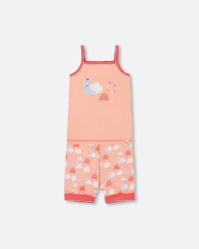 Deux Par Deux Kids'  Girl's Organic Cotton Tank Top And Shorts Pajama Set Rainbow On Light Coral