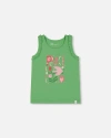 Deux Par Deux Girl's Organic Cotton Tank With Frills Flowers On Green Background In Flowers On Green Background