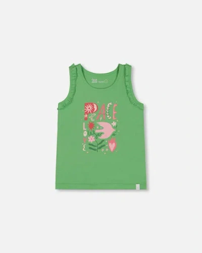 Deux Par Deux Kids'  Girl's Organic Cotton Tank With Frills Flowers On Green Background