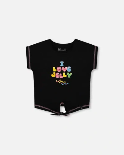 Deux Par Deux Kids'  Girl's Organic Cotton Tee With Print And Knot Black And Multicolored