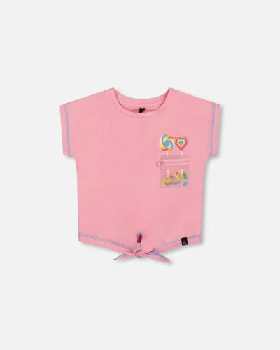 Deux Par Deux Kids'  Girl's Organic Cotton Tee With Print And Knot Candy Pink