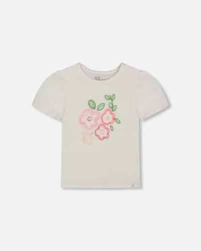 Deux Par Deux Kids'  Girl's Organic Cotton Tee With Puff Sleeve Pink Flower On White Background