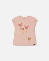 Deux Par Deux Girl's Organic Cotton Top With Applique Pink With Sparkling Butterfly In Pink With Sparkling Butterfly