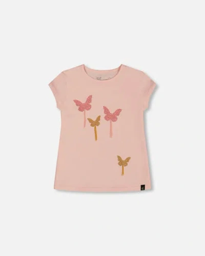 Deux Par Deux Kids'  Girl's Organic Cotton Top With Applique Pink With Sparkling Butterfly