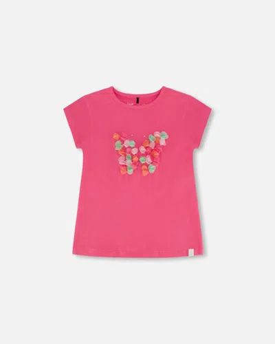 Deux Par Deux Kids' Girl's Organic Cotton Top With Print And Applique Candy Pink