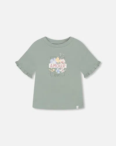 Deux Par Deux Kids' Girl's Organic Cotton Top With Print And Frills Olive Green