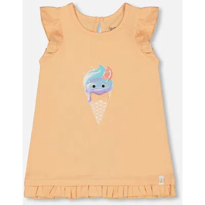 Deux Par Deux Babies'  Girl's Organic Cotton Tunic With Frill And Print Light Orange And Ice Cream Cone