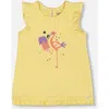 Deux Par Deux Little Girl's Organic Cotton Tunic With Frill And Print Yellow And Flamingo In Yellow And Flamingo