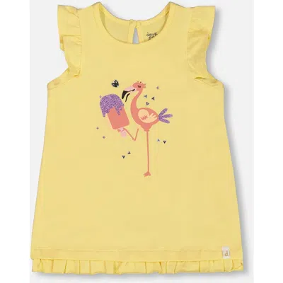 DEUX PAR DEUX DEUX PAR DEUX GIRL'S ORGANIC COTTON TUNIC WITH FRILL AND PRINT YELLOW AND FLAMINGO