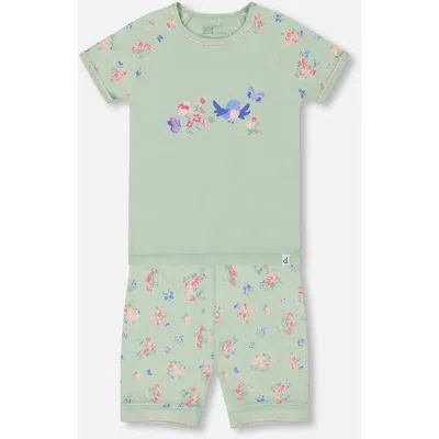 Deux Par Deux Kids'  Girl's Organic Cotton Two-piece Short Pajama Set Small Pink And Blue Flowers On Light