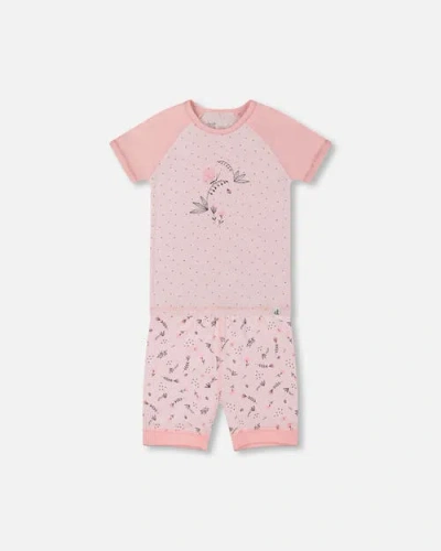 Deux Par Deux Kids'  Girl's Organic Cotton Two-piece Short Pajama Set Small Pink Flowers On Pale Pink Backg