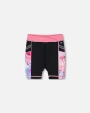 Deux Par Deux Little Girl's Printed Athletic Biker Short Black, Pink And Multicolored Butterflies In Black Pink And Multicolored