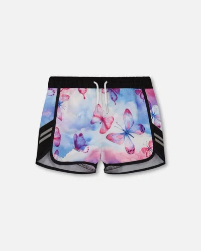 Deux Par Deux Kids'  Girl's Printed Athletic Short Pink, Blue And Butterflies