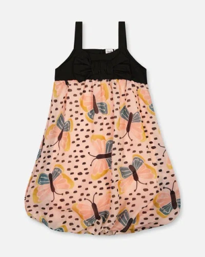 Deux Par Deux Kids'  Girl's Printed Bubble Dress Black And Pink Butterflies