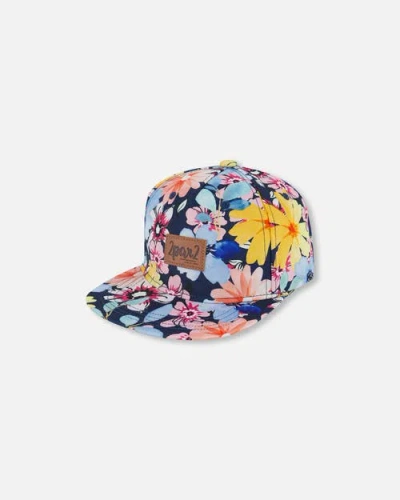 Deux Par Deux Babies'  Girl's Printed Cap Navy And Yellow And Pink Flowers In Navy Yellow And Pink Flowers