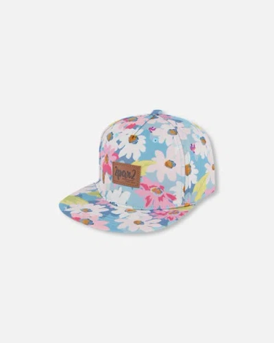 Deux Par Deux Kids'  Girl's Printed Cap White, Pink, And Green Flowers In Blue