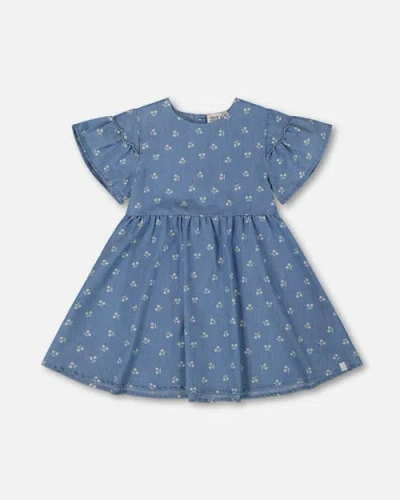 Deux Par Deux Kids'  Girl's Printed Chambray Dress Blue And White Cherries