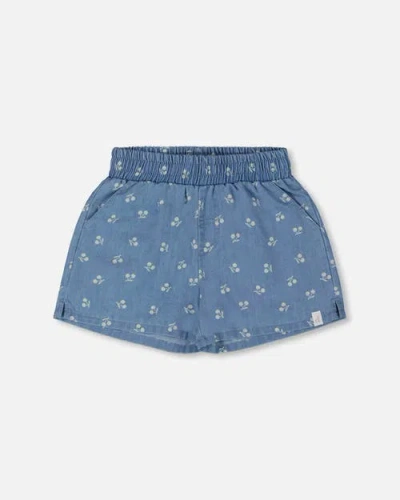 Deux Par Deux Kids'  Girl's Printed Chambray Short Blue And White Cherries
