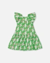 Deux Par Deux Little Girl's Printed Dress With Flounce Sleeves Green With White And Pink Bird In Green With White And Pink Bird