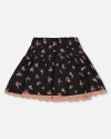 Deux Par Deux Girl's Printed Flowers Flare Viscose Skirt Black In Small Flowers On Black