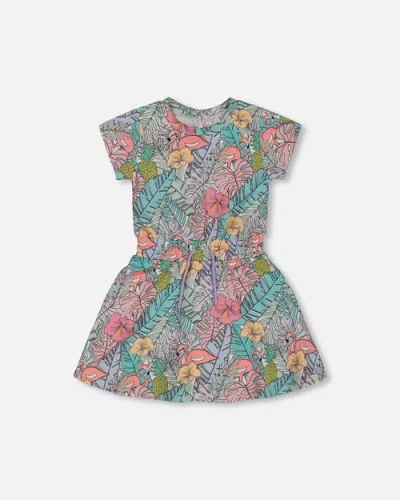 Deux Par Deux Girls' Printed French Terry Flamingos Dress - Big Kid In Lilac And Pink Flamingos