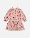 Deux Par Deux Girl's Printed French Terry Dress Pink And Coral Houses In Pink And Coral Houses