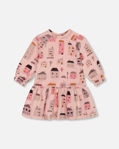 Deux Par Deux Kids'  Girl's Printed French Terry Dress Pink And Coral Houses