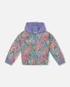 Deux Par Deux Girl's Printed French Terry Hoodie Cardigan Lilac Tropical And Pink Flamingos In Lilac And Pink Flamingos