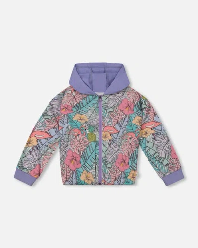 Deux Par Deux Kids'  Girl's Printed French Terry Hoodie Cardigan Lilac Tropical And Pink Flamingos In Lilac And Pink Flamingos