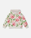 Deux Par Deux Girl's Printed French Terry Hoodie Cardigan Pink Flowers On White Background In Pink Flowers On White