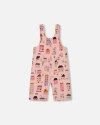 Deux Par Deux Girl's Printed French Terry Overalls Pink And Coral Houses In Pink And Coral Houses