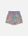 Deux Par Deux Girl's Printed French Terry Short Lilac Tropical And Pink Flamingos In Lilac And Pink Flamingos