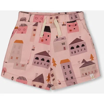 Deux Par Deux Kids'  Girl's Printed French Terry Short Pink And Coral Houses