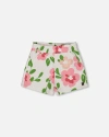 Deux Par Deux Girl's Printed French Terry Short Pink Flowers On White Background In Pink Flowers On White
