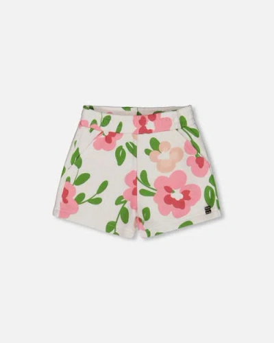 Deux Par Deux Kids'  Girl's Printed French Terry Short Pink Flowers On White Background