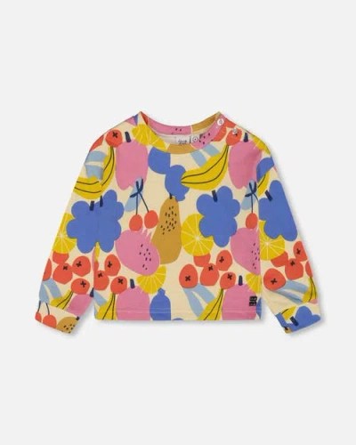 Deux Par Deux Kids'  Girl's Printed French Terry Sweatshirt Fruits On Yellow Background