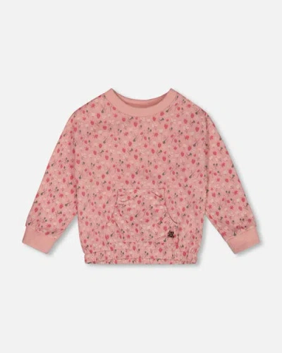 Deux Par Deux Kids'  Girl's Printed French Terry Sweatshirt Old Pink And Flowers