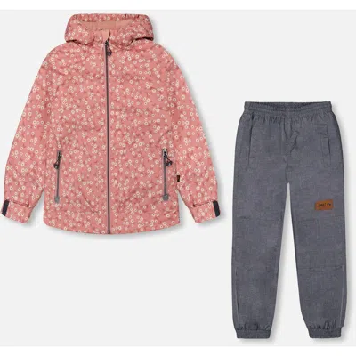 Deux Par Deux Kids'  Girl's Printed Jacket Two-piece Mid-season Outerwear Set Small White Flowers On Pale P In Pink