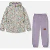 Deux Par Deux Girl's Printed Jacket Two-piece Mid-season Outerwear Set Small White Flowers On Turquo In White Flowers On Turquoise