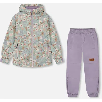 Deux Par Deux Kids'  Girl's Printed Jacket Two-piece Mid-season Outerwear Set Small White Flowers On Turquo In White Flowers On Turquoise