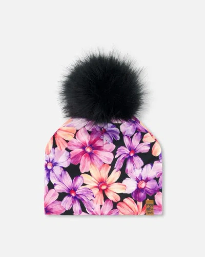 Deux Par Deux Kids'  Girl's Printed Jersey Detachable Pompom Hat Black With Pink And Orange Flowers In Black Pink And Orange Flowers